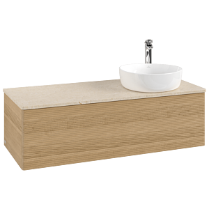 Villeroy &amp; Boch Antao vanity unit L34153HN with lighting and textured finish, 120x36x50cm, tap hole, washbasin top color botticino, honey oak