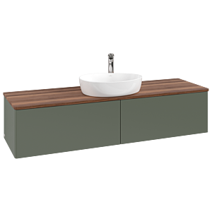 Meuble vasque Villeroy &amp; Boch Antao L36052HL avec éclairage, 160 x 36 x 50 cm, percé pour robinetterie, plan vasque couleur noyer chaud, laque mate vert feuille