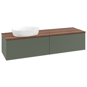 Villeroy &amp; Boch Antao vanity unit L37112HL with lighting, textured finish, 160x36x50cm, washbasin top color warm walnut, leaf green matt lacquer