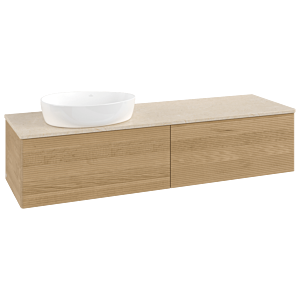 Villeroy &amp; Boch Antao vanity unit L37113HN with lighting and textured finish, 160x36x50cm, washbasin top color botticino, honey oak