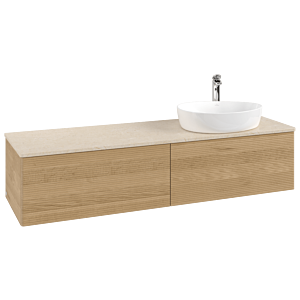Villeroy und Boch Antao Waschtisch-Unterschrank L38153HN mit Beleuchtung mit Struktur, 160x36x50cm, Hahnlochbohrung, Waschbeckenplattenfarbe botticino, honey oak