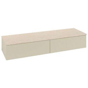 Buffet Villeroy &amp; Boch Antao L42103HJ avec éclairage, 2 tiroirs, 1600 x 268 x 500 mm, façade texturée, laque mate Gris Soie / Botticino