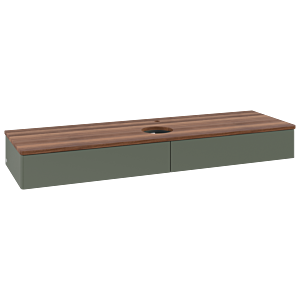 Meuble vasque Villeroy &amp; Boch Antao L14052HL avec éclairage, 160 x 19 x 50 cm, percé pour robinetterie, plan vasque couleur noyer chaud, laque mate vert feuille