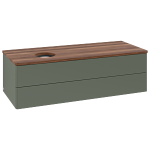 Villeroy &amp; Boch Antao vanity unit L22012HL with lighting, 2 drawers, 1200 x 360 x 500 mm, smooth front, Leaf Green Matt Lacquer / Warm Walnut