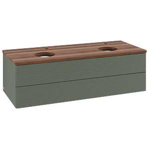 Meuble vasque Villeroy &amp; Boch Antao L24152HL avec éclairage et finition texturée, 120 x 36 x 50 cm, perçage robinetterie, plan vasque couleur noyer chaud, laque mate vert feuille