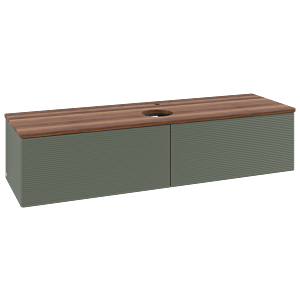 Villeroy &amp; Boch Antao vanity unit L36152HL with lighting and textured finish, 160x36x50cm, tap hole, washbasin top color warm walnut, leaf green matt lacquer