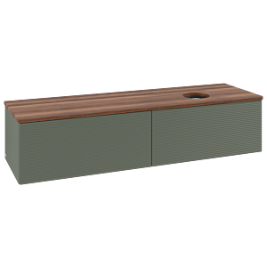 Meuble vasque Villeroy &amp; Boch Antao L38112HL avec éclairage, finition texturée, 160 x 36 x 50 cm, plan vasque couleur noyer chaud, laque mate vert feuille