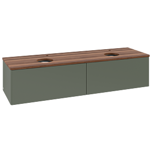 Meuble vasque Villeroy &amp; Boch Antao L39052HL avec éclairage, 160 x 36 x 50 cm, percé pour robinetterie, plan vasque couleur noyer chaud, laque mate vert feuille