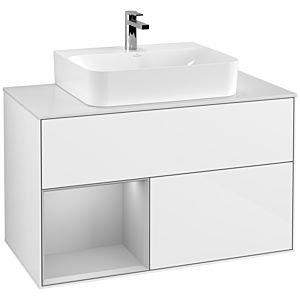 Villeroy et Boch Finion Villeroy et Boch F111GJGF 100cm, plaque de finition noir mat, étagère gauche gris clair mat, laqué blanc brillant