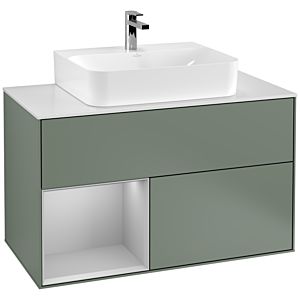 Villeroy und Boch Finion Waschtischunterschrank F111GJGM 100cm, Abdeckplatte black matt, Regal links Light grey matt, Olive Matt Lacquer