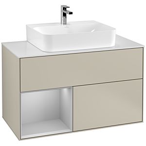 Villeroy und Boch Finion Waschtischunterschrank F111GJHH 100cm, Abdeckplatte black matt, Regal links Light grey matt, Sand Matt Lacquer