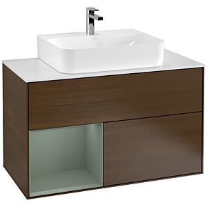 Villeroy und Boch Finion Waschtischunterschrank F111GMGN 100cm, Abdeckplatte black matt, Regal links Olive Matt Lacquer, Walnut veneer