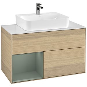 Villeroy und Boch Finion Waschtischunterschrank F111GMPC 100cm, Abdeckplatte black matt, Regal links Olive Matt Lacquer, Oak Veneer