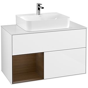 Villeroy und Boch Finion Waschtischunterschrank F111GNGF 100cm, Abdeckplatte black matt, Regal links Walnut veneer, Glossy white lacquer