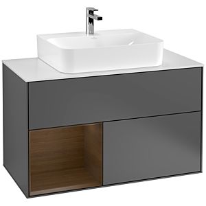 Villeroy und Boch Finion Waschtischunterschrank F111GNGK 100cm, Abdeckplatte black matt, Regal links Walnut veneer, Anthracite matt
