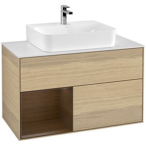 Villeroy und Boch Finion Waschtischunterschrank F111GNPC 100cm, Abdeckplatte black matt, Regal links Walnut veneer, Oak Veneer