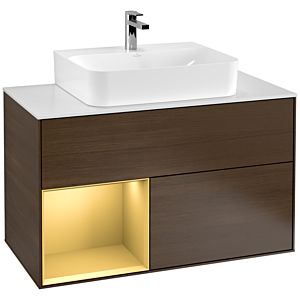 Villeroy und Boch Finion Waschtischunterschrank F111HFGN 100cm, Abdeckplatte black matt, Regal links Gold matt, Walnut veneer