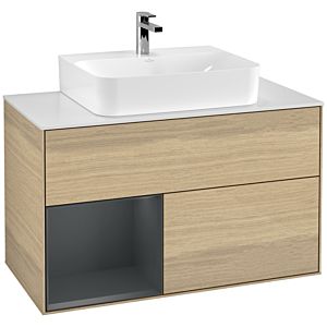 Villeroy und Boch Finion Waschtischunterschrank F111HGPC 100cm, Abdeckplatte black matt, Regal links Midnight Blue Matt Lacquer, Oak Veneer