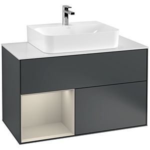 Villeroy und Boch Finion Waschtischunterschrank F111HHHG 100cm, Abdeckplatte black matt, Regal links Sand Matt Lacquer, Midnight Blue Matt Lacquer