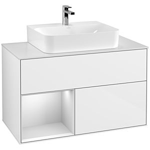 Villeroy und Boch Finion Waschtischunterschrank F111MTGF 100cm, Abdeckplatte black matt, Regal links White matt lacquer, Glossy white lacquer