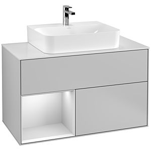 Villeroy et Boch Finion Villeroy et Boch F111MTGJ 100cm, plaque de finition noir mat, étagère gauche laqué blanc mat, gris clair mat