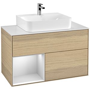 Villeroy und Boch Finion Waschtischunterschrank F111MTPC 100cm, Abdeckplatte black matt, Regal links White matt lacquer, Oak Veneer
