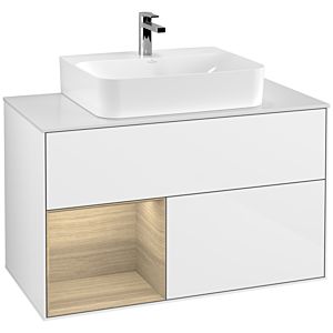 Villeroy et Boch Finion Villeroy et Boch F111PCGF 100cm, plaque de finition noir mat, étagère gauche Oak Veneer , laqué blanc brillant