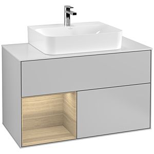 Villeroy und Boch Finion Waschtischunterschrank F111PCGJ 100cm, Abdeckplatte black matt, Regal links Oak Veneer, Light grey matt