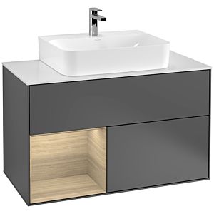 Villeroy und Boch Finion Waschtischunterschrank F111PCGK 100cm, Abdeckplatte black matt, Regal links Oak Veneer, Anthracite matt