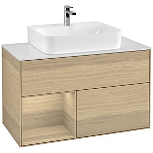 Villeroy und Boch Finion Waschtischunterschrank F111PCPC 100cm, Abdeckplatte black matt, Regal links Oak Veneer, Oak Veneer