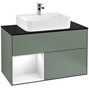 Villeroy und Boch Finion Waschtischunterschrank F112GFGM 100cm, Abdeckplatte white matt, Regal links Glossy white lacquer, Olive Matt Lacquer