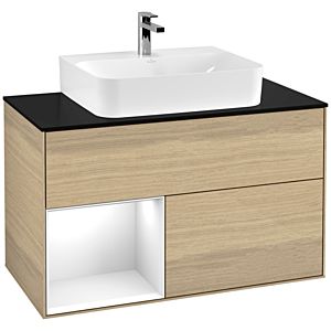 Villeroy und Boch Finion Waschtischunterschrank F112GFPC 100cm, Abdeckplatte white matt, Regal links Glossy white lacquer, Oak Veneer