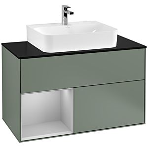 Villeroy und Boch Finion Waschtischunterschrank F112GJGM 100cm, Abdeckplatte white matt, Regal links Light grey matt, Olive Matt Lacquer