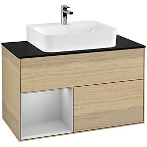 Villeroy und Boch Finion Waschtischunterschrank F112GJPC 100cm, Abdeckplatte white matt, Regal links Light grey matt, Oak Veneer