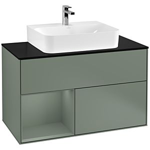 Villeroy und Boch Finion Waschtischunterschrank F112GMGM 100cm, Abdeckplatte white matt, Regal links Olive Matt Lacquer, Olive Matt Lacquer