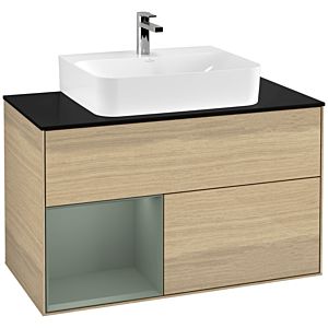 Villeroy und Boch Finion Waschtischunterschrank F112GMPC 100cm, Abdeckplatte white matt, Regal links Olive Matt Lacquer, Oak Veneer