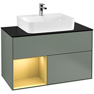 Villeroy und Boch Finion Waschtischunterschrank F112HFGM 100cm, Abdeckplatte white matt, Regal links Gold matt, Olive Matt Lacquer