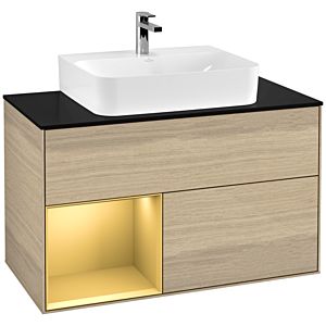 Villeroy und Boch Finion Waschtischunterschrank F112HFPC 100cm, Abdeckplatte white matt, Regal links Gold matt, Oak Veneer