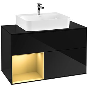 Villeroy et Boch Finion Villeroy et Boch F112HFPH 100cm, plaque de recouvrement blanc mat, étagère gauche or mat, Glossy Black Lacquer