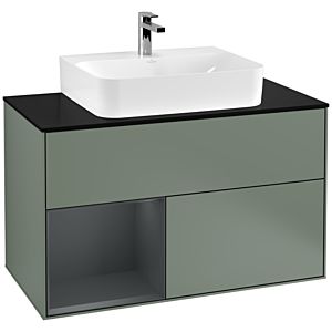 Villeroy und Boch Finion Waschtischunterschrank F112HGGM 100cm, Abdeckplatte white matt, Regal links Midnight Blue Matt Lacquer, Olive Matt Lacquer