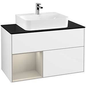 Villeroy und Boch Finion Waschtischunterschrank F112HHGF 100cm, Abdeckplatte white matt, Regal links Sand Matt Lacquer, Glossy white lacquer