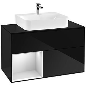Villeroy et Boch Finion Villeroy et Boch F112MTPH 100cm, plaque de recouvrement blanc mat, étagère gauche laqué blanc mat, Glossy Black Lacquer