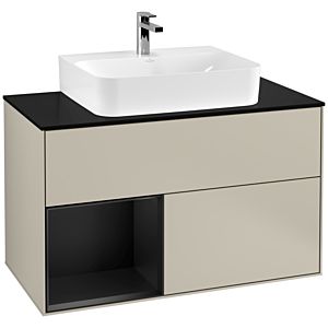 Villeroy et Boch Finion Villeroy et Boch F112PDHH 100cm, plaque de recouvrement blanc mat, étagère gauche laqué noir mat, Sand Matt Lacquer