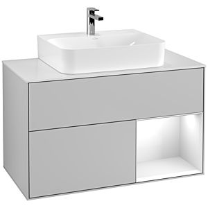 Villeroy et Boch Finion Villeroy et Boch F121GFGJ 100cm, plaque de finition blanc mat, étagère à droite laqué blanc brillant, gris clair mat