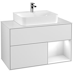 Villeroy und Boch Finion Waschtischunterschrank F121GFMT 100cm, Abdeckplatte weiß matt, Regal rechts Glossy white lacquer, White matt lacquer