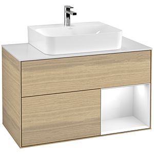 Villeroy und Boch Finion Waschtischunterschrank F121GFPC 100cm, Abdeckplatte weiß matt, Regal rechts Glossy white lacquer, Oak Veneer