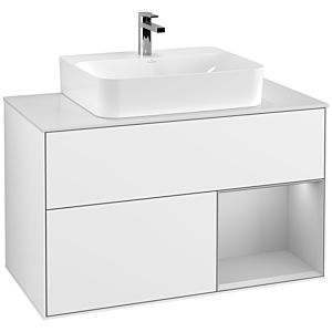 Villeroy und Boch Finion Waschtischunterschrank F121GJGF 100cm, Abdeckplatte weiß matt, Regal rechts Light grey matt, Glossy white lacquer