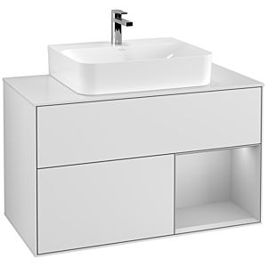 Villeroy und Boch Finion Waschtischunterschrank F121GJMT 100cm, Abdeckplatte weiß matt, Regal rechts Light grey matt, White matt lacquer