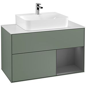 Villeroy et Boch Finion Villeroy et Boch F121GKGM 100cm, plaque de finition blanc mat, étagère droite anthracite mat, Olive Matt Lacquer