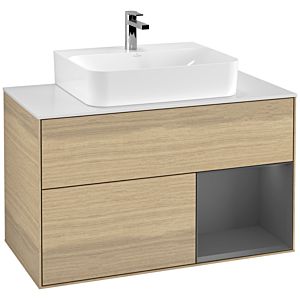 Villeroy und Boch Finion Waschtischunterschrank F121GKPC 100cm, Abdeckplatte weiß matt, Regal rechts Anthracite matt, Oak Veneer